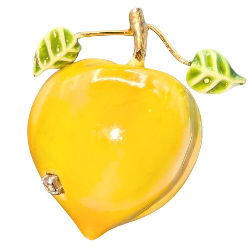 Vintage Signed CFW Yellow Green Enamel Signed Fruit Rhinestone Pin